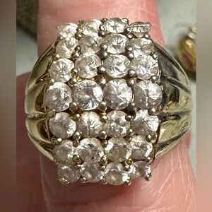 Vintage QVC Dimonique Ring. 28 Stones, Wide Goldtone Band. Possibly Size 8.
